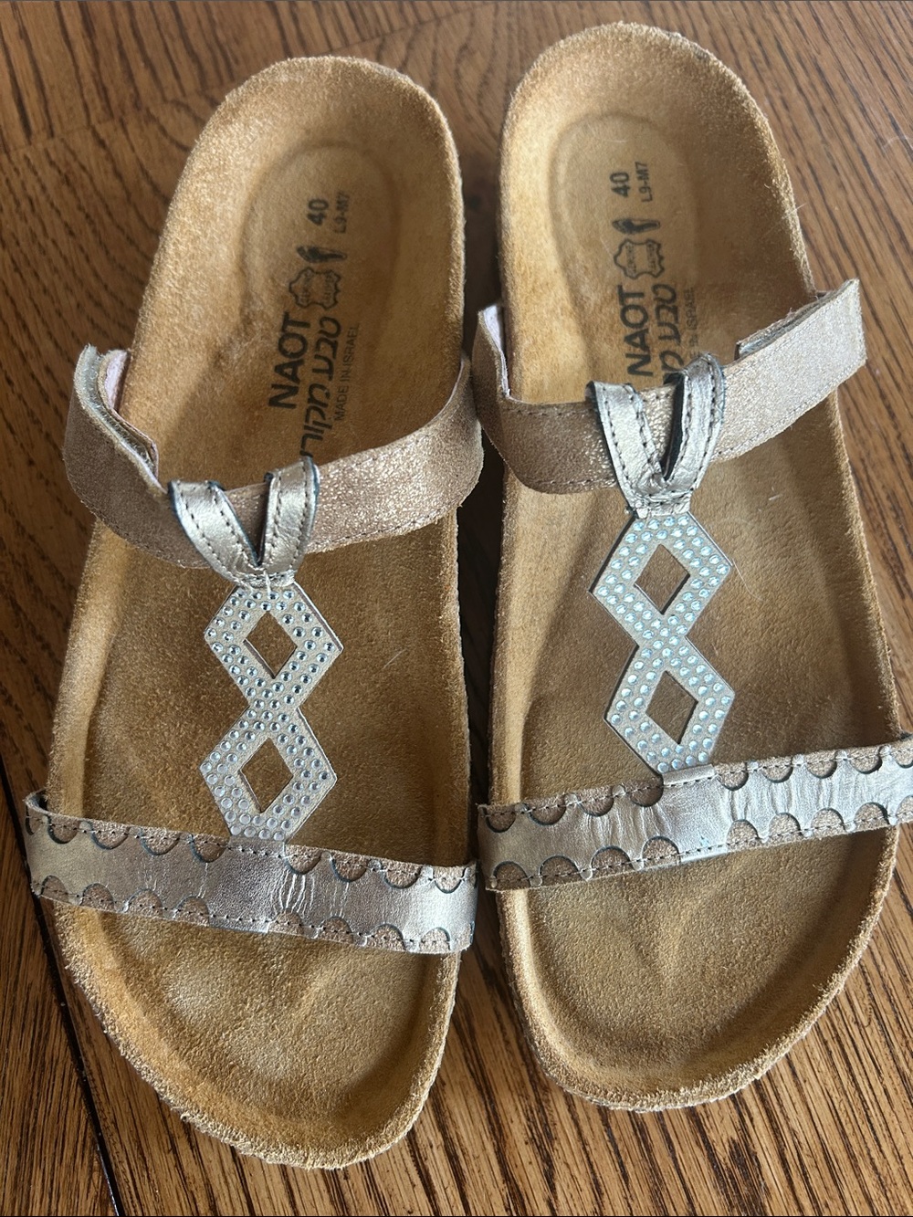 Naot Metallic Champagne T-Strap Sandals with Rhinestone Accent - Picture 2 of 6